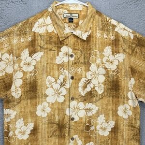 Tommy Bahama Mens Hawaiian Shirt XL Yellow Silk Pocket Button Up Short Sleeve